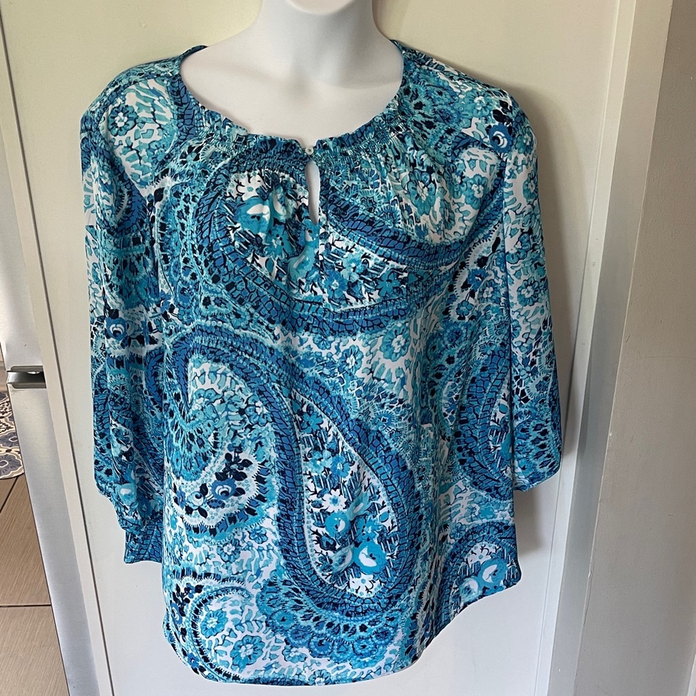Talbots Teal and White Paisley Blouse